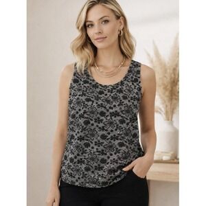 Chicos Design Black Floral Textured Tank Top Size 2 Fits S/M USA Vintage‎